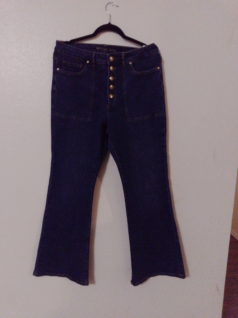 Michael Kors Dark Blue High-Rise Flare Jeans with Gold Buttons Size 12